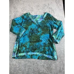 Mexicali Blues Women Top Large Teal Boho Bohemian Palm Print Hippie V Neck Rayon